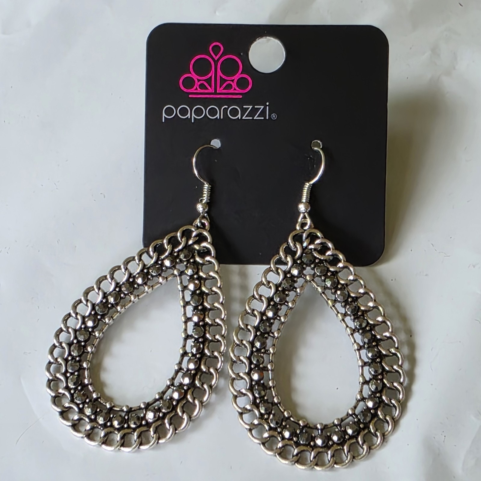 Paparazzi Silver Tone Teardrop Earrings Black Rhinestone Chain Dangle Statement